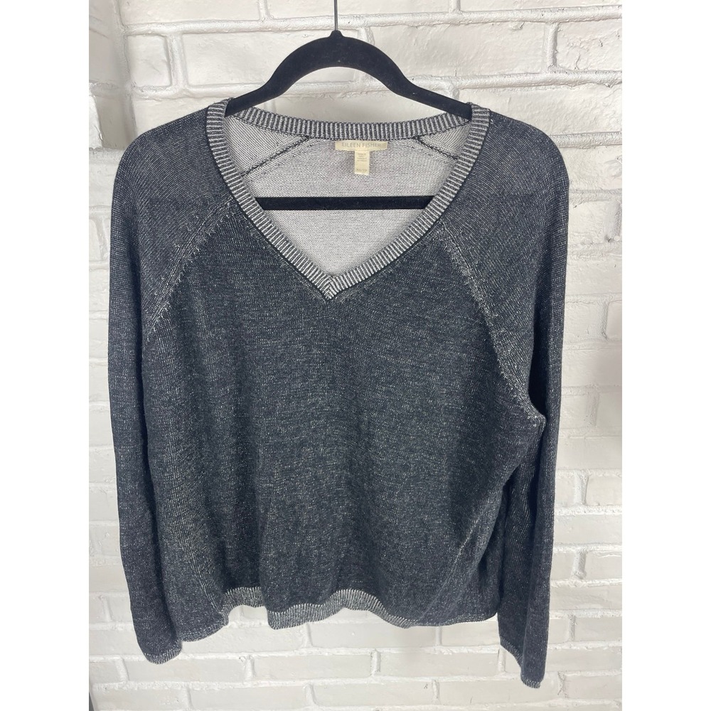 Eileen Fisher Gray V-Neck Knit Sweater Organic Cotton Tencel Size XS